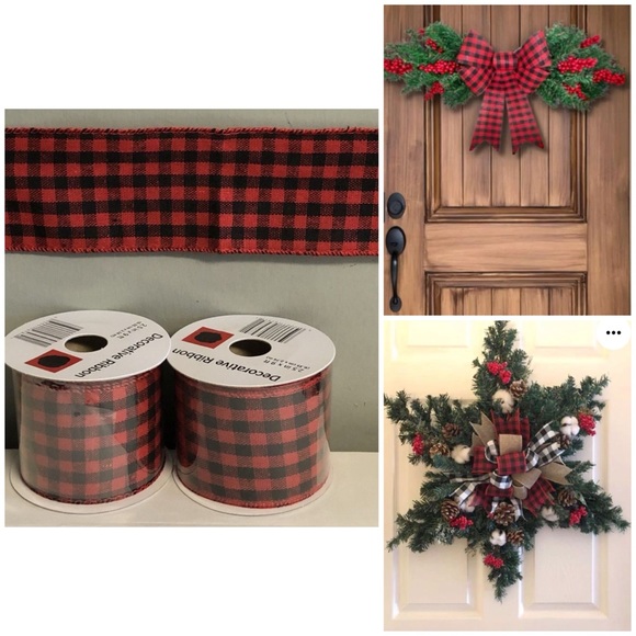 Unbranded Other - CHRISTMAS 🎄 Red Black Buffalo Plaid Ribbon 2.5 in x 9 Ft Wired Edge Lot Of 2 PCs